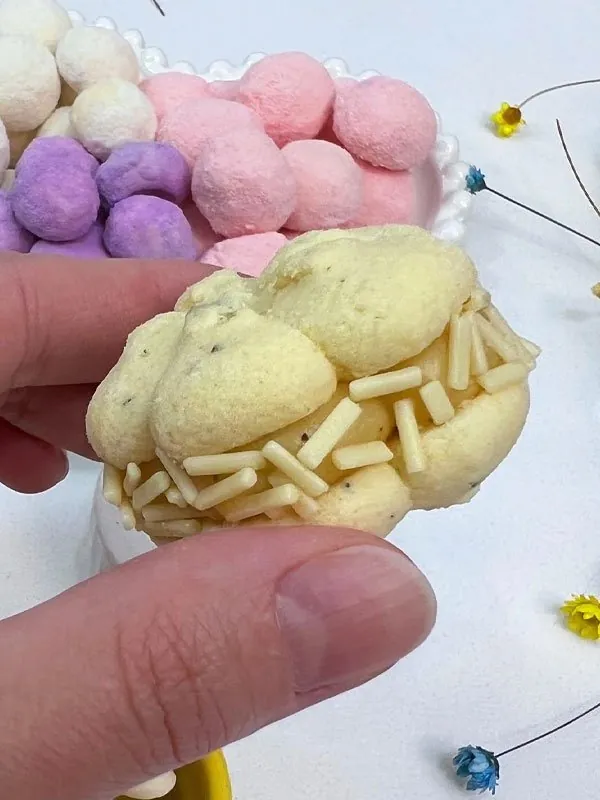 Sequilho com granulado de chocolate branco segurado na mão